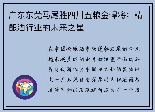 广东东莞马尾胜四川五粮金悍将：精酿酒行业的未来之星