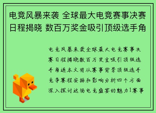 电竞风暴来袭 全球最大电竞赛事决赛日程揭晓 数百万奖金吸引顶级选手角逐